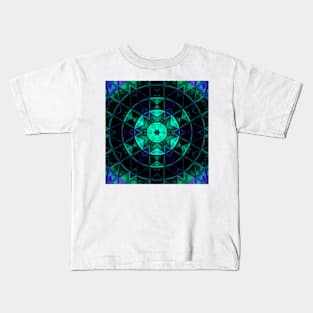 Mosaic Kaleidoscope Flower Teal Blue and Black Kids T-Shirt